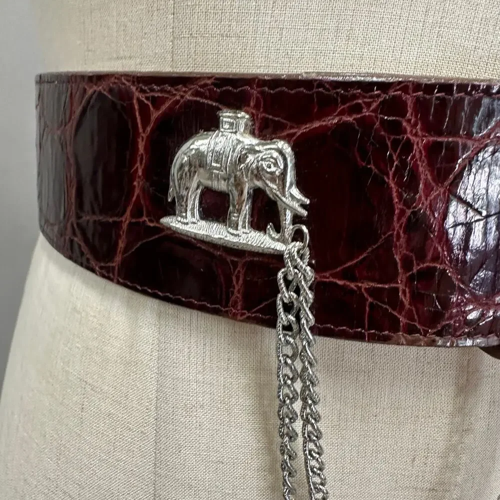 Catherine‎ Carson burgundy leather strap belt silver elephant & drop chain small